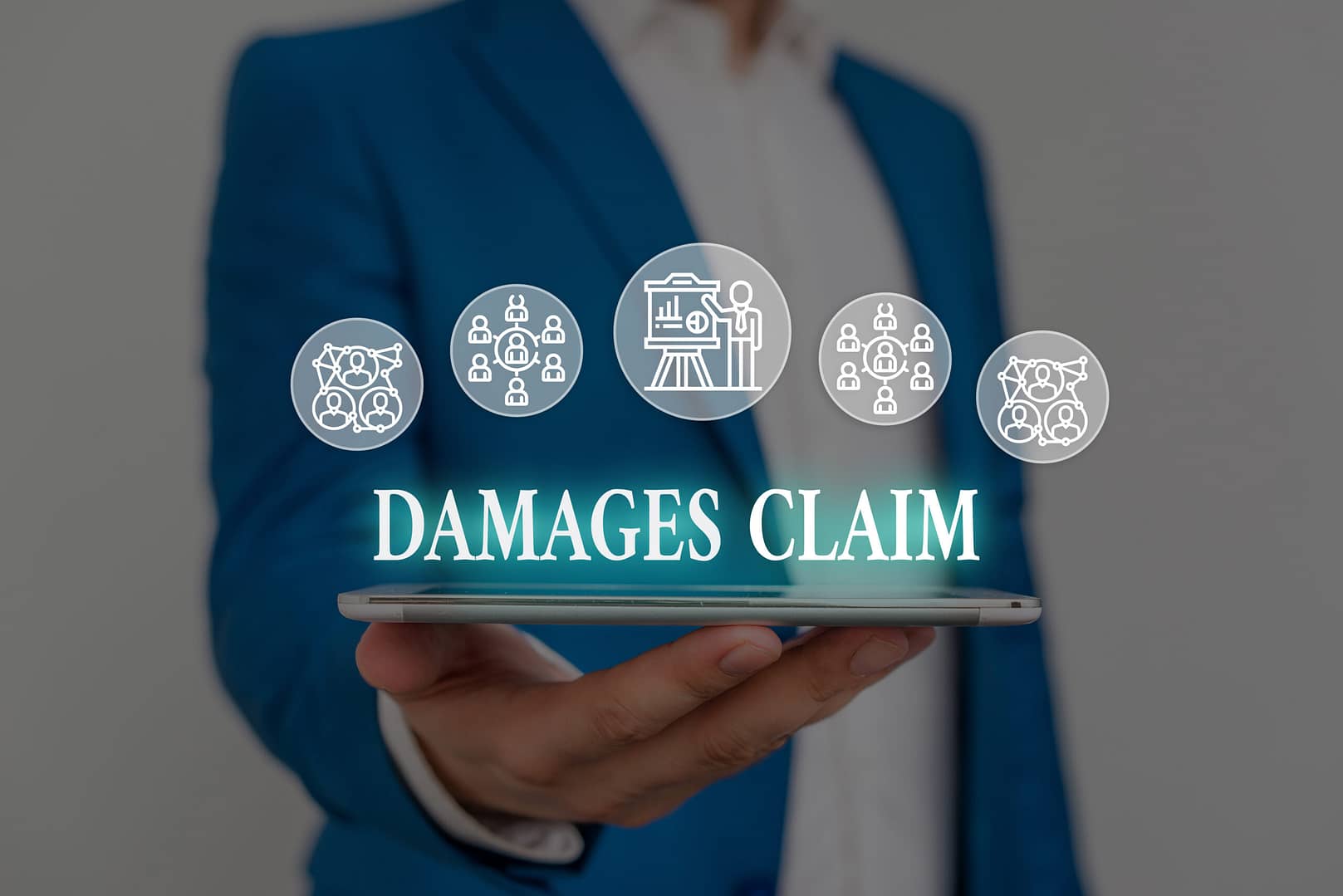 Text sign showing Damages Claim. Business photo showcasing Deanalysisd Compensation Litigate Insurance File Suit Male human wear formal work suit presenting presentation using smart device - Types of Damages in Personal Injury Cases, such as special damages, general damages, and punitive damages
