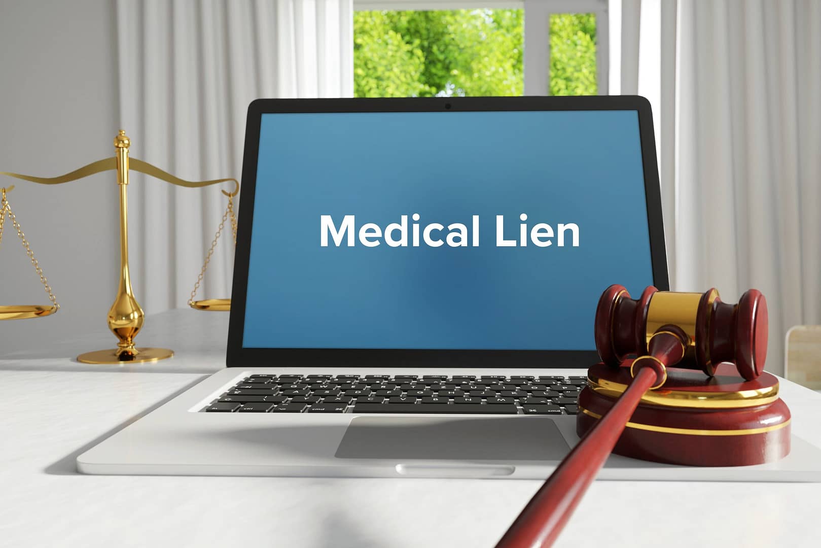 Medical Lien – Law, Judgment, Web. Laptop in the office with term on the screen. Hammer, Libra, Lawyer. Hospital Liens
