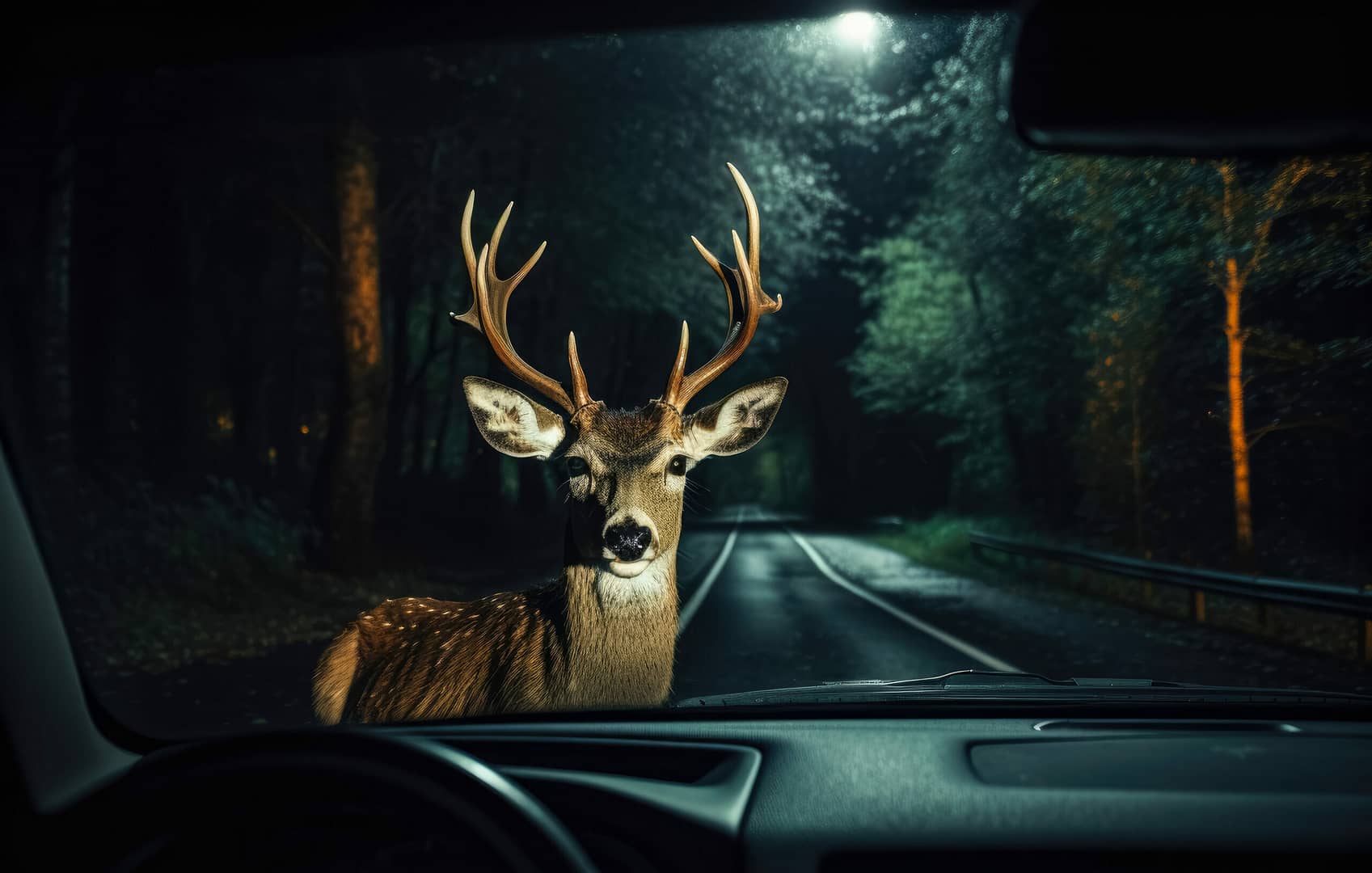 Deer crossing the road during the night, view from inside vehicle, steering wheel and dashboard visible. Generative AI