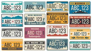 Car number license plate. Retro USA cars registration number signs, Texas, Wisconsin and Kansas license plates vector illustration set. Collection of vintage design elements with names of US states. Front license plate in Texas.
