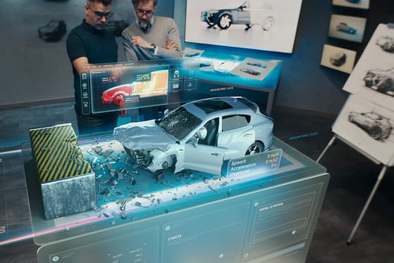 Two engineers Developers standing in design studio near futuristic holographic table and make a test in a 3d car crash test simulator, which simulates a road accident check the safety. Auto accident reconstruction experts.