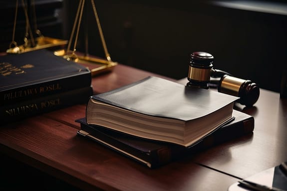 Law books on a desk next to a gavel