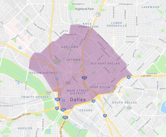 Coverage map for electric scooters in Dallas