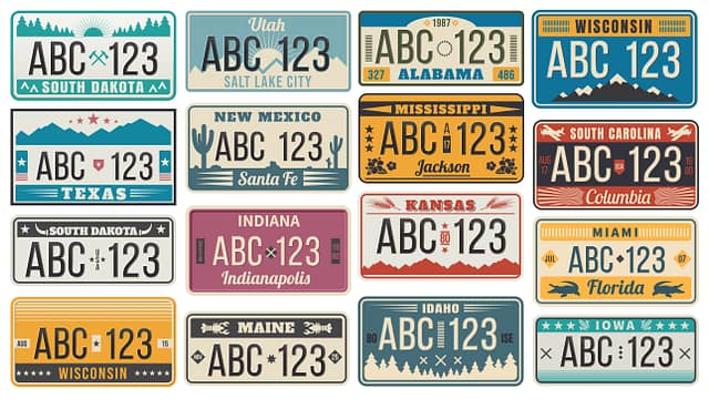Matrícula del número de coche. Señales de número de registro de automóviles retro de EE. UU., conjunto de ilustraciones vectoriales de placas de Texas, Wisconsin y Kansas. Colección de elementos de diseño antiguos con nombres de estados de EE. UU. Leyes de matrículas en los Estados Unidos.