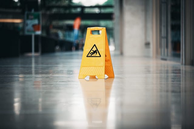 yellow slip and fall sign on wet floor