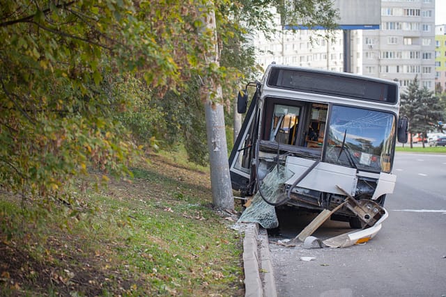Road accident, accident with a passenger city bus, the bus crashed into a pole. Bus accident lawyers in Texas