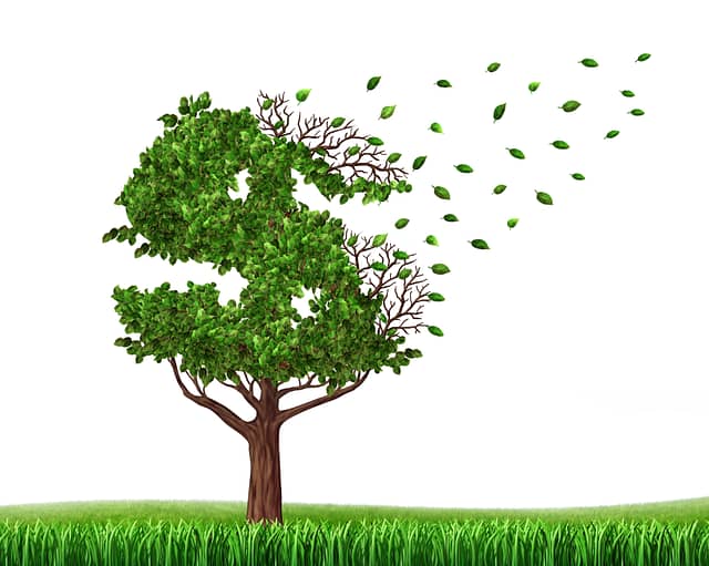Green tree in the shape of a dollar sign with leaves falling off as an icon of wealth loss due to lost wages