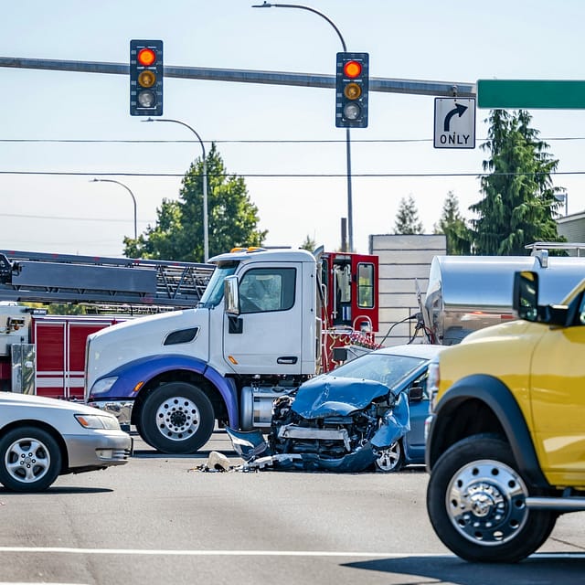 Damaged cars after a car accident crash involving a big rig semi truck with semi trailer at a city street crossroad intersection with traffic light and rescue services to help the injured. San Marcos truck accident lawyers.