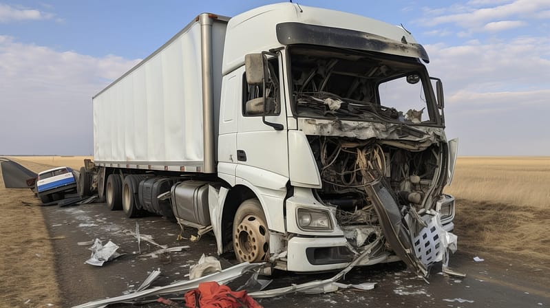Photo of the damaged truck after an accident on the highway. Allen Truck Accident Lawyers