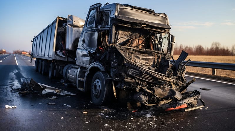 Photo of the damaged truck after an accident on the highway. Mission Truck Accident Lawyers