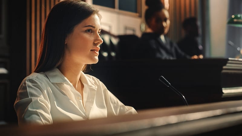 Court of Law and Justice Trial: Portrait of Beautiful Female Witness Giving Evidence to Prosecutor and Defence Counsel, Judge and Jury Listening. Dramatic Speech of Empowered Victim against Crime. Expert Witness