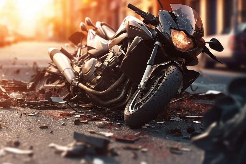 A motorcycle lays on the ground after being hit by a car in the middle of a city street. Road accident concept. Bedford Motorcycle Accident Lawyers