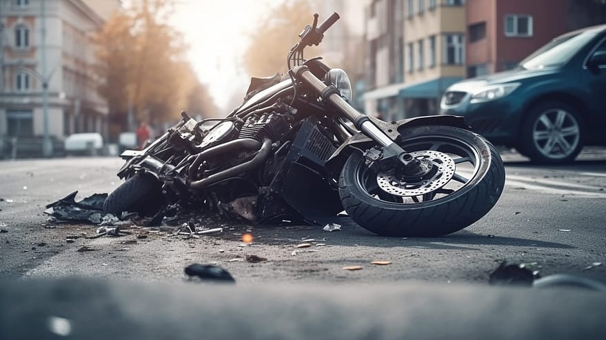 Fragments of a broken motorcycle on the pavement. Generative AI illustrator