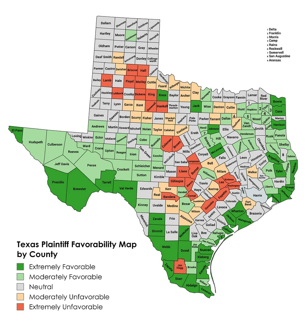 Texas Favorability Map by County - Plaintiff-Friendly Areas in Texas for Lawsuits