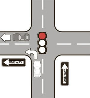 Aquí es legal girar a la izquierda en un semáforo en rojo. Aquí es legal girar a la izquierda en un luz en rojo.