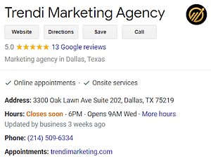 Example of a Google business listing with accurate hours and location information.