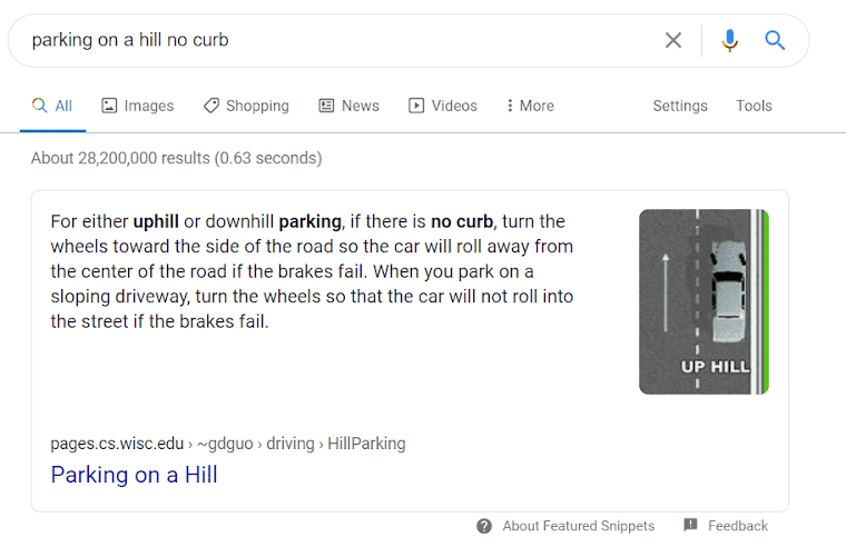 Example of a Google featured snippet that addresses the query "parking on a hill no curb."