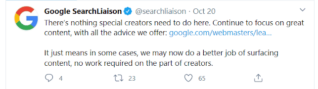 Tweet from Google SearchLiaison on how to content creators can respond to new passage indexing functionality.