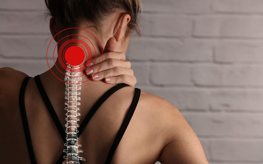 Woman suffering from back and neck pain. Incorrect sitting posture problems, Muscle spasm, rheumatism. Pain relief , chiropractic concept. Sport exercising injury. Spinal cord injury