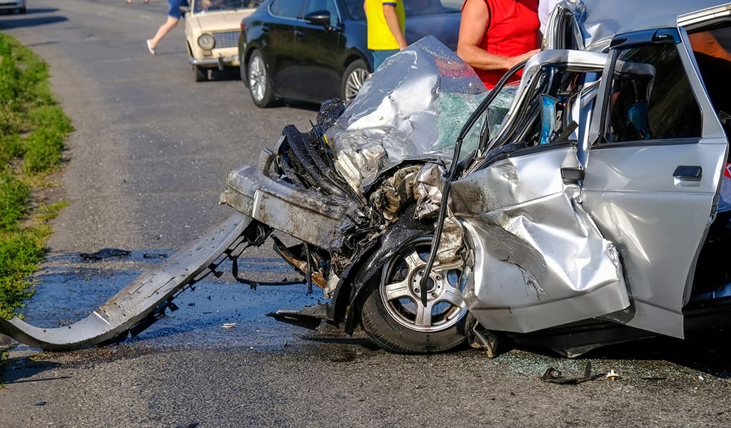 Damaged vehicle closeup after car crash. A terrible accident. Accident Statistics in New Mexico 